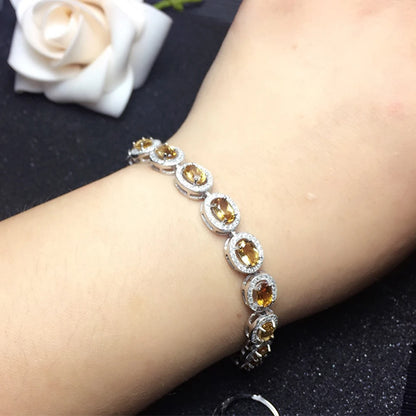 MeiBaPJ Real Natural Citrine Gemstone Bracelet for Women 925 Sterling Silver Yellow Stone Bangle Fine Party Jewelry