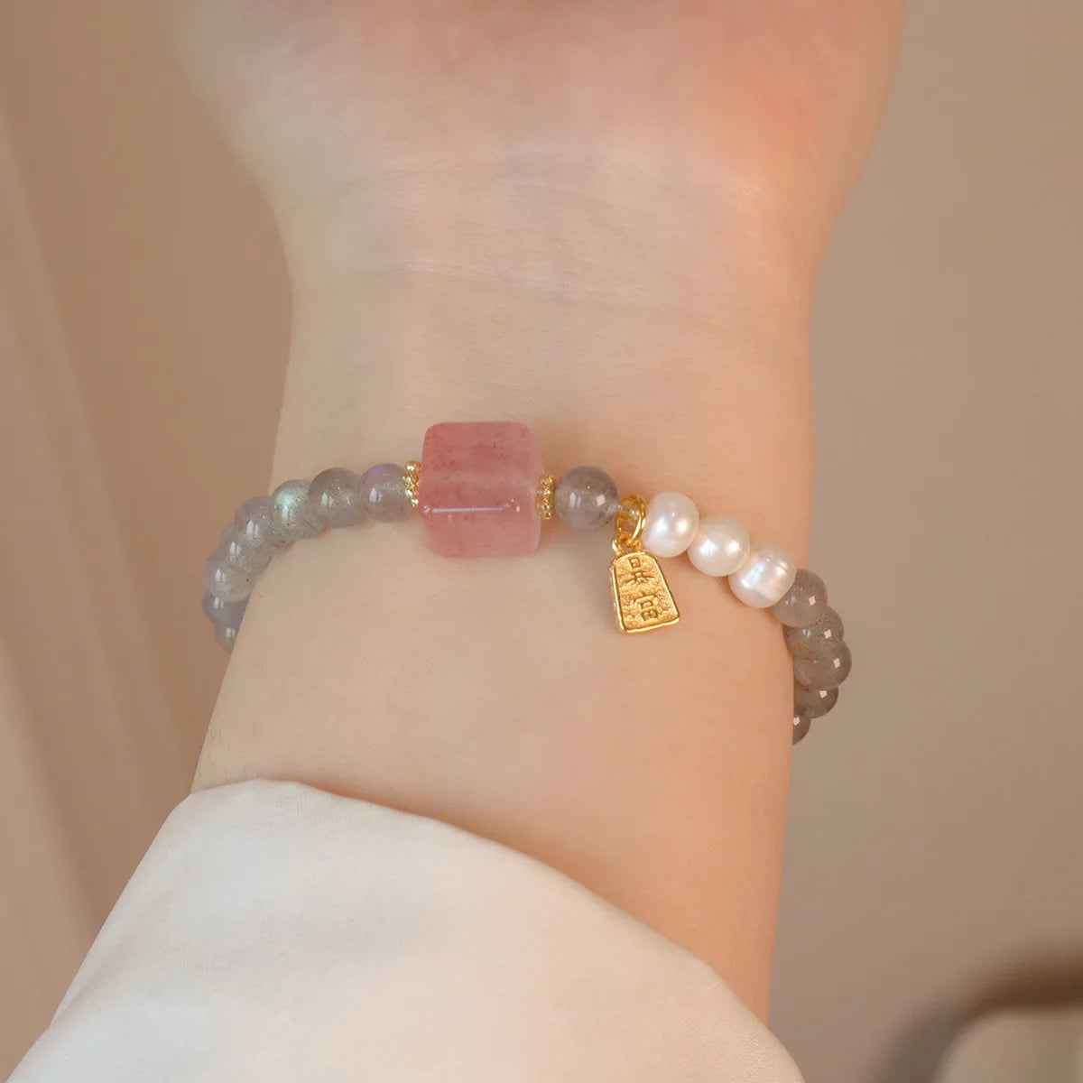 6MM Gray Moonstone Bracelet with Citrine&Strawberry Quartz, Freshwater Pearl Beaded Elastic Jewelry, Boho Healing Gift for Women